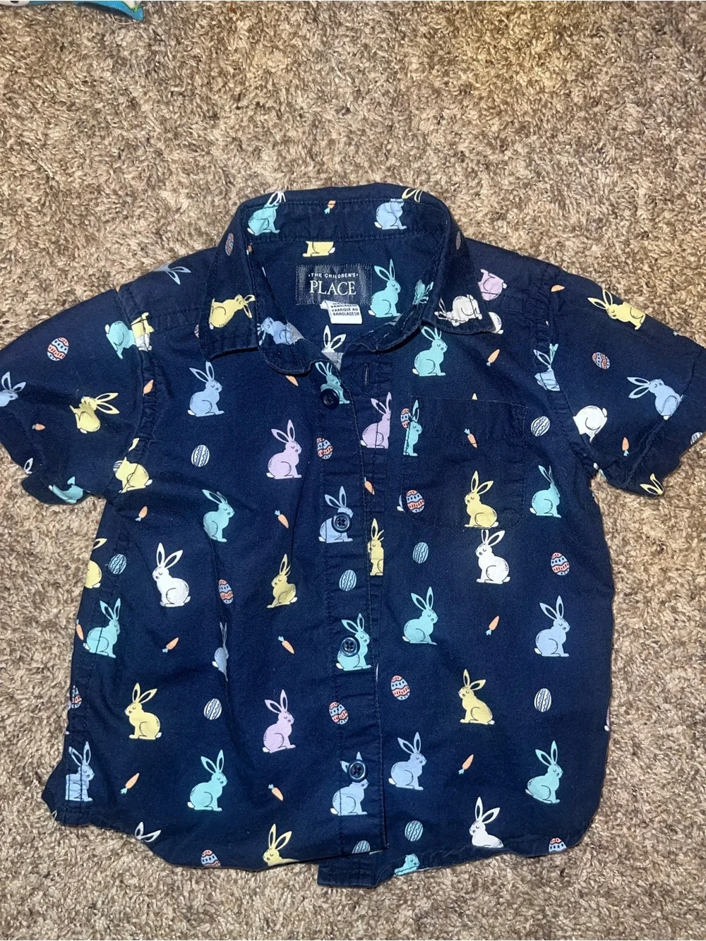 The Children's Place Navy Bunny Print Short Sleeve Button Up Shirt Easter 12-18
